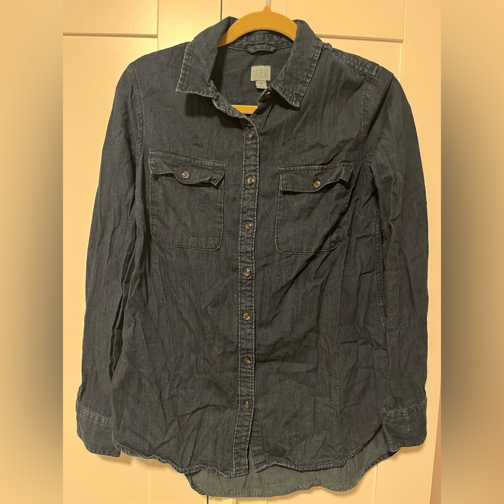 Women's Classic Dark Wash Denim Button Down Shirt